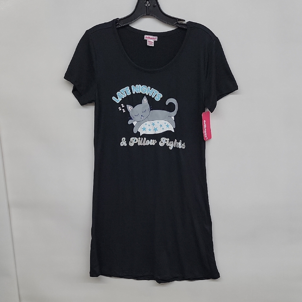 Dollhouse  Black Nightshirt with Cat Graphic